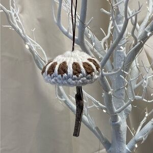 Mushroom Christmas or Spring ornament crocheted in warm brown and neutral cream
